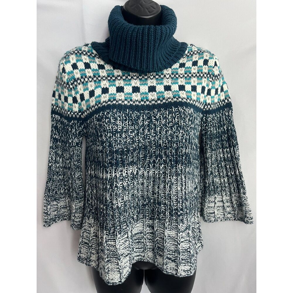 Decree Y2K Blue Flare Chunky Knit 3/4 Sleeve Turtleneck Sweater Size M/L Retro